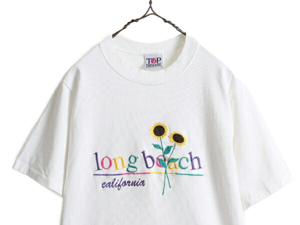 90s USA製 ■ ひまわり アート 刺繍 半袖 Tシャツ レディース S / 90年代 オールド フラワー イラスト 花 シングルステッチ ヘビーウェイト