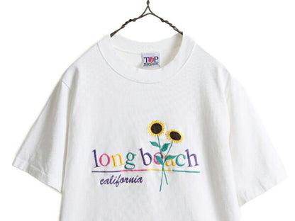 90s USA製 ■ ひまわり アート 刺繍 半袖 Tシャツ レディース S / 90年代 オールド フラワー イラスト 花 シングルステッチ ヘビーウェイト