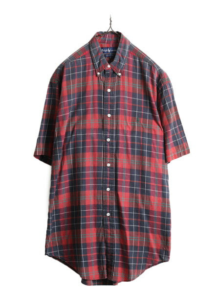 90s ■ ラルフローレン インディアン マドラス チェック 半袖 ボタンダウン シャツ メンズ S 古着 90年代 POLO 半袖シャツ ポロ ポニー刺繍