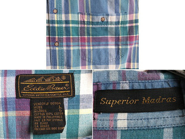 80s ■ エディーバウアー マドラス チェック 半袖 ボタンダウン シャツ メンズ L 80年代 ビンテージ Eddie Bauer 半袖シャツ ポケット付き