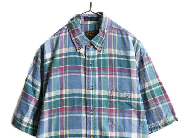 80s ■ エディーバウアー マドラス チェック 半袖 ボタンダウン シャツ メンズ L 80年代 ビンテージ Eddie Bauer 半袖シャツ ポケット付き