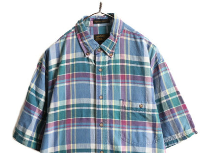 80s ■ エディーバウアー マドラス チェック 半袖 ボタンダウン シャツ メンズ L 80年代 ビンテージ Eddie Bauer 半袖シャツ ポケット付き