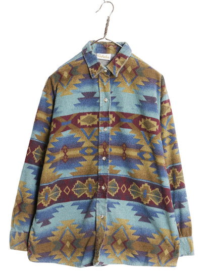 90s カベラス ネイティブ 総柄 シャモア クロス 長袖 シャツ レディース L オールド コットン ヘビー フランネル カジュアル マルチカラー