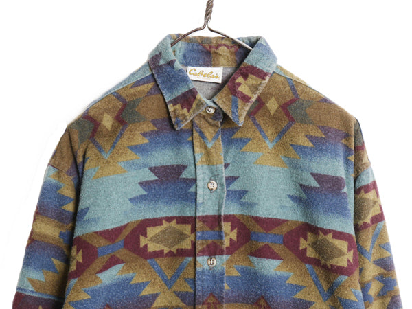 90s カベラス ネイティブ 総柄 シャモア クロス 長袖 シャツ レディース L オールド コットン ヘビー フランネル カジュアル マルチカラー