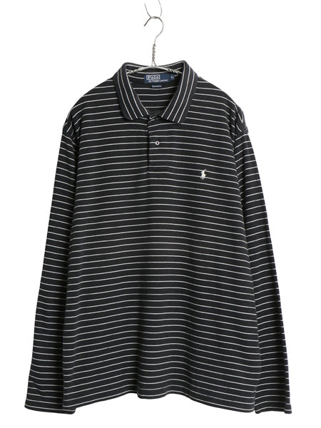 90s ポロ ラルフローレン ボーダー 長袖 ポロシャツ メンズ XL / オールド スムース ストレッチ コットン ワンポイント 黒 白 モノトーン