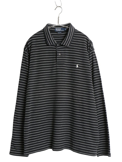 90s ポロ ラルフローレン ボーダー 長袖 ポロシャツ メンズ XL / オールド スムース ストレッチ コットン ワンポイント 黒 白 モノトーン