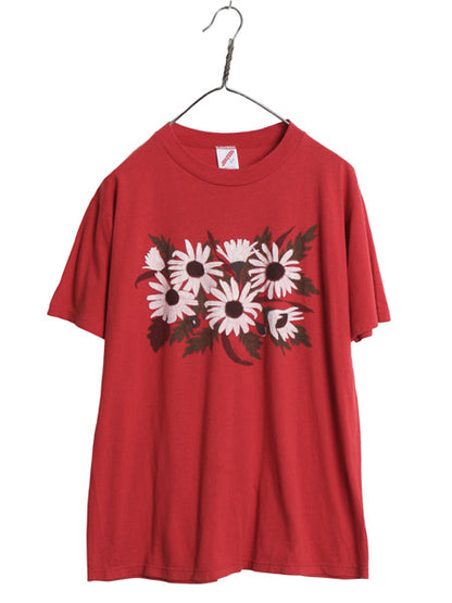 90s USA製 ボタニカル アート イラスト プリント Tシャツ メンズ レディース L / オールド グラフィック シングルステッチ フラワー レッド