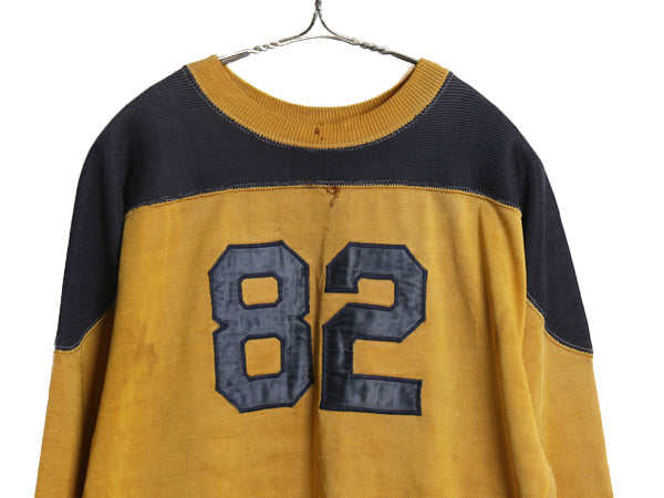 40s 50s ★ レーヨン フットボール Tシャツ メンズ XL 程 ヴィンテージ 長袖 ロンT ヘビーウェイト ナンバリング ツートン 大きいサイズ 黄
