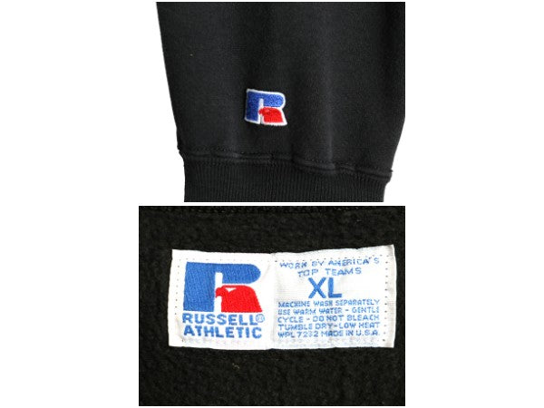 90s USA製 ラッセル 3段 カレッジ フットボール プリント スウェット メンズ XL / オールド トレーナー 裏起毛 前V 大きいサイズ ブラック