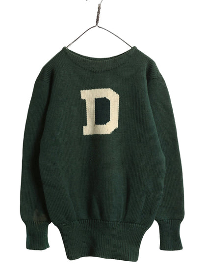 30s ★ ダートマス レタード ニット セーター メンズ M / 古着 ヴィンテージ アワード ヘビーウェイト ウール ローゲージ ボートネック 緑
