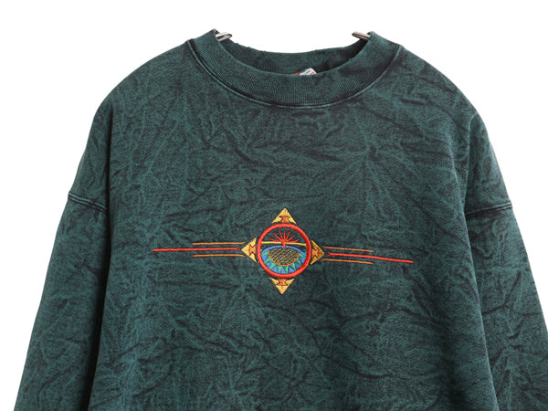 90s USA製 ネイティブ 刺繍 スウェット メンズ L / オールド シンボル グラフィック トレーナー ケミカルウォッシュ ヘビーウェイト 裏起毛