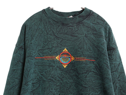 90s USA製 ネイティブ 刺繍 スウェット メンズ L / オールド シンボル グラフィック トレーナー ケミカルウォッシュ ヘビーウェイト 裏起毛