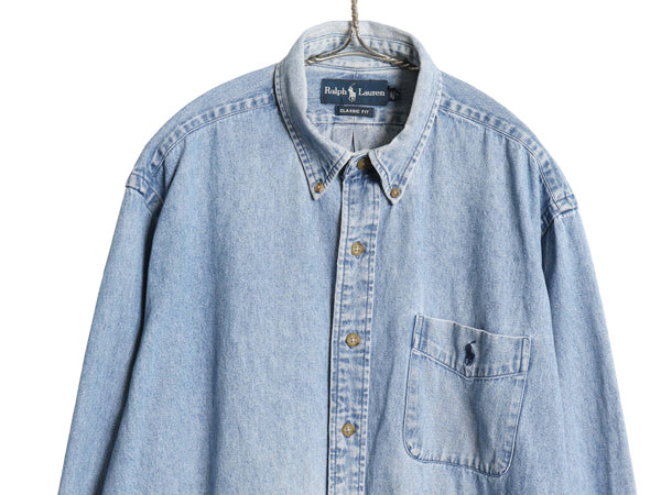 00s ラルフローレン ボタンダウン 長袖 デニム シャツ メンズ L / 古着 オールド ポロ 長袖シャツ ワンポイント ポケット付き カジュアル