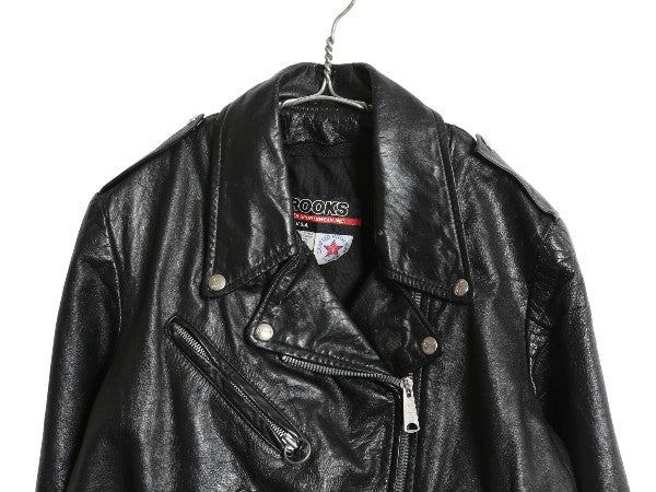 80s 90s USA製 ブルックス 本革 レザー ダブル ライダース ジャケット メンズ S レディース M 程 古着 オールド 革ジャン ショート丈 黒