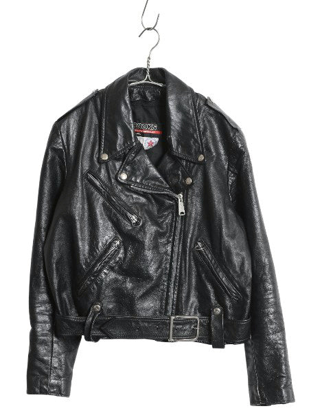 80s 90s USA製 ブルックス 本革 レザー ダブル ライダース ジャケット メンズ S レディース M 程 古着 オールド 革ジャン ショート丈 黒