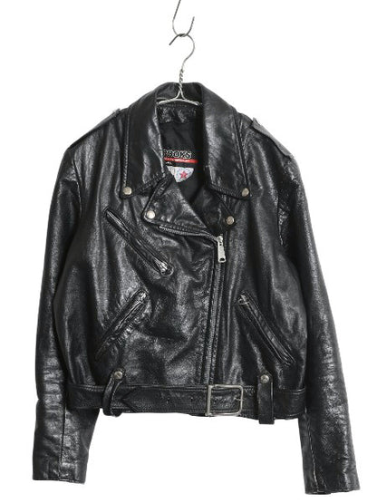 80s 90s USA製 ブルックス 本革 レザー ダブル ライダース ジャケット メンズ S レディース M 程 古着 オールド 革ジャン ショート丈 黒