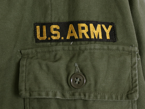 60s 米軍実物 US ARMY コットン サテン ユーティリティ シャツ M ヴィンテージ 61年製 1st 後期 筒袖 ミリタリー OG107 ワッペン付き 軍物