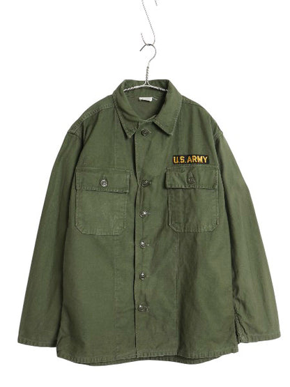 60s 米軍実物 US ARMY コットン サテン ユーティリティ シャツ M ヴィンテージ 61年製 1st 後期 筒袖 ミリタリー OG107 ワッペン付き 軍物
