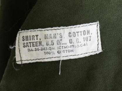 60s 米軍実物 US ARMY コットン サテン ユーティリティ シャツ M ヴィンテージ 61年製 1st 後期 筒袖 ミリタリー OG107 ワッペン付き 軍物