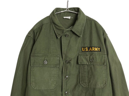 60s 米軍実物 US ARMY コットン サテン ユーティリティ シャツ M ヴィンテージ 61年製 1st 後期 筒袖 ミリタリー OG107 ワッペン付き 軍物