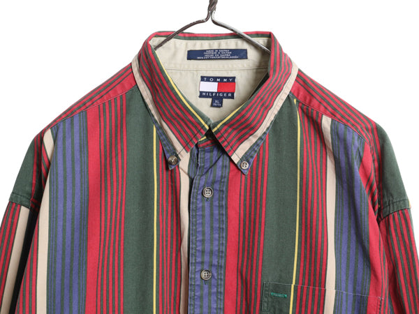  90s トミーヒルフィガー ストライプ 長袖 ボタンダウン シャツ メンズ XL 古着 オールド 長袖シャツ コットン ワンポイント 大きいサイズ