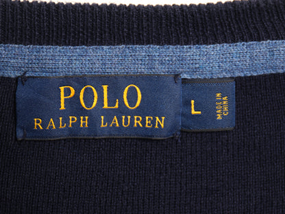 ポロ ラルフローレン リブ編み コットン ニット スウェット メンズ L 古着 セーター トレーナー ワンポイント 前V 薄手 シンプル ネイビー