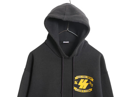 90s USA製 イラスト 両面 プリント スウェット パーカー メンズ L / オールド ミリタリー グラフィック プルオーバー トレーナー 裏起毛 黒