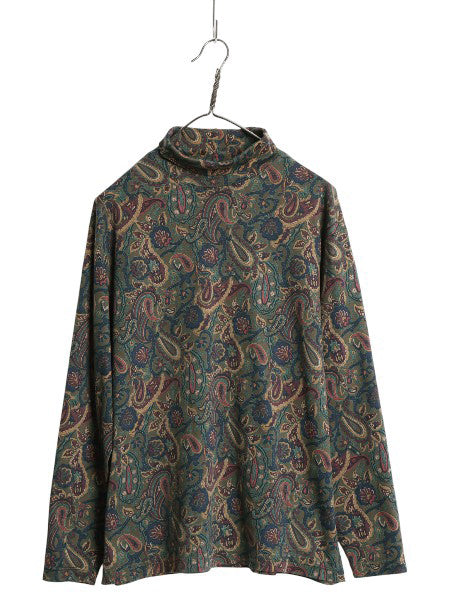 90s USA製 ランズエンド タートルネック 長袖 Tシャツ レディース L 古着 オールド ペイズリー 総柄 ロンT スムース ストレッチ コットン