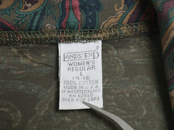 90s USA製 ランズエンド タートルネック 長袖 Tシャツ レディース L 古着 オールド ペイズリー 総柄 ロンT スムース ストレッチ コットン