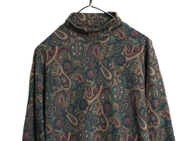 90s USA製 ランズエンド タートルネック 長袖 Tシャツ レディース L 古着 オールド ペイズリー 総柄 ロンT スムース ストレッチ コットン