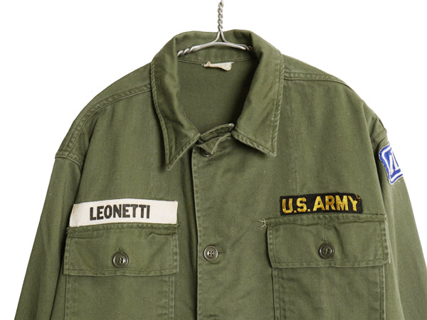60s 米軍実物 US ARMY コットン サテン ユーティリティ シャツ M ヴィンテージ 60年製 OG107 筒袖 1st 後期 ミリタリー 軍物 ワッペン付き