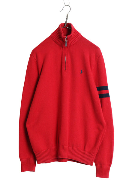 00s ポロ ラルフローレン ハーフジップ コットン ニット セーター メンズ M オールド ハイネック リブ編み ワンポイント ポニー 無地 赤 紺