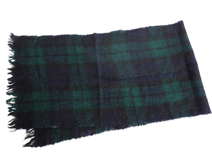 スコットランド製 HIGHLAND モヘア ウール ストール 古着 ブラックウォッチ  チェック フリンジ付き 大判 長め 大きいサイズ マフラー 毛足