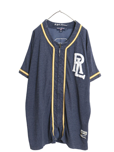 90s ポロスポーツ ラルフローレン ベースボール シャツ メンズ XXL / オールド ポロ 半袖シャツ フルジップ ユニフォーム 大きいサイズ 紺
