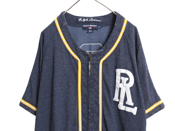 90s ポロスポーツ ラルフローレン ベースボール シャツ メンズ XXL / オールド ポロ 半袖シャツ フルジップ ユニフォーム 大きいサイズ 紺