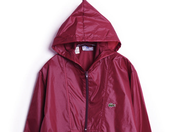70s 80s ラコステ ナイロン アノラック フード パーカー ジャケット メンズ M ヴィンテージ パッカブル プルオーバー ハーフジップ エンジ