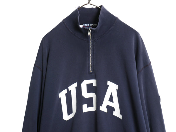 90s ポロスポーツ ラルフローレン ハーフジップ USA プリント スウェット メンズ XL オールド ハイネック トレーナー 星条旗 大きいサイズ