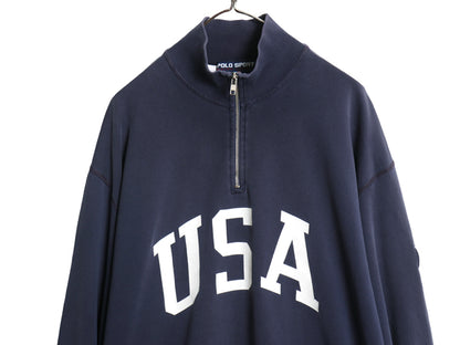 90s ポロスポーツ ラルフローレン ハーフジップ USA プリント スウェット メンズ XL オールド ハイネック トレーナー 星条旗 大きいサイズ