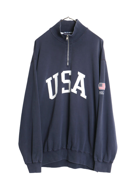 90s ポロスポーツ ラルフローレン ハーフジップ USA プリント スウェット メンズ XL オールド ハイネック トレーナー 星条旗 大きいサイズ