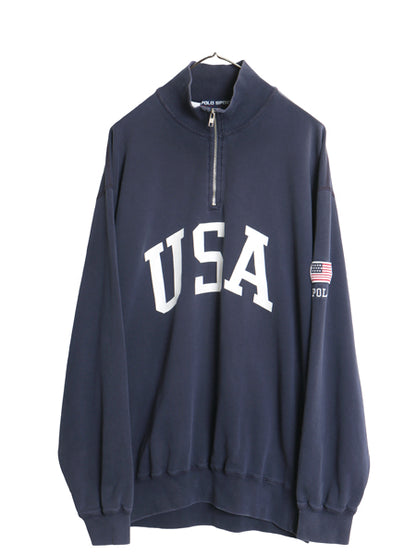 90s ポロスポーツ ラルフローレン ハーフジップ USA プリント スウェット メンズ XL オールド ハイネック トレーナー 星条旗 大きいサイズ