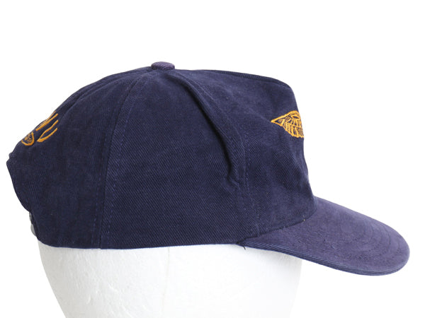 デッドストック 90s USA製 企業 ロゴ 刺繍 ベースボール キャップ フリーサイズ オールド 帽子 ワンポイント トラッカー ワーク 当時物 紺