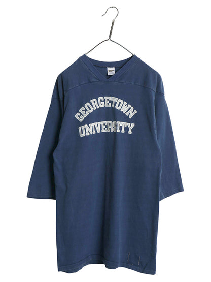 80s USA製 2段 カレッジ プリント フットボール Tシャツ メンズ L / 古着 ヴィンテージ 七分袖 ロンT Vネック シングルステッチ カットソー