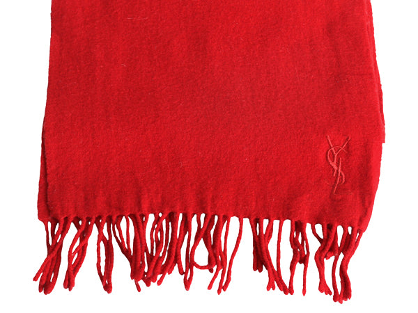 イタリア製 イヴサンローラン フリンジ付き マフラー メンズ レディース / ヴィンテージ ウール  カシミヤ ワンポイント シンプル 防寒 赤