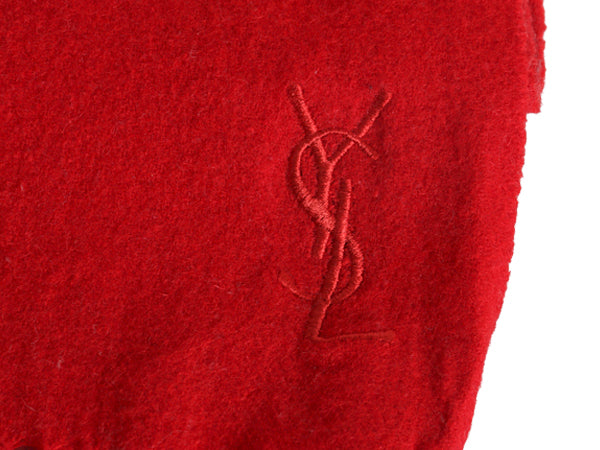 イタリア製 イヴサンローラン フリンジ付き マフラー メンズ レディース / ヴィンテージ ウール  カシミヤ ワンポイント シンプル 防寒 赤