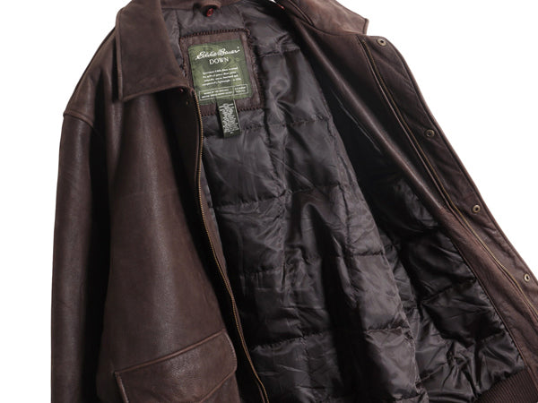 00s エディ―バウアー 本革 レザー ダウン ジャケット メンズ XL 古着 オールド 革ジャン G-1 タイプ フライト ミリタリー 大きいサイズ 茶