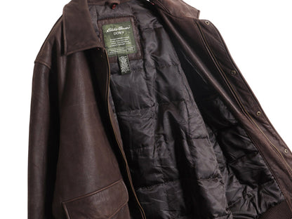 00s エディ―バウアー 本革 レザー ダウン ジャケット メンズ XL 古着 オールド 革ジャン G-1 タイプ フライト ミリタリー 大きいサイズ 茶
