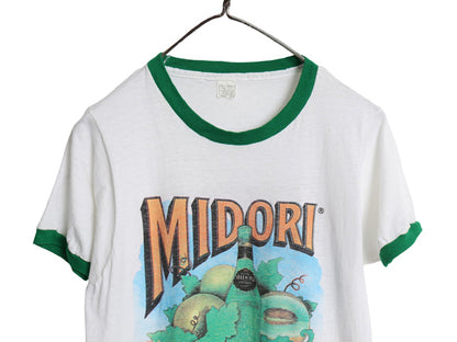 70s USA製 企業 サントリー 両面 イラスト プリント 半袖 リンガー Tシャツ メンズ レディース L  小さめM 程 ヴィンテージ グラフィック 