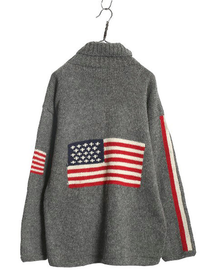エクアドル製 タートルネック 星条旗 デザイン ニット セーター メンズ レディース XL 程 古着 ウール 手編み ハンドメイド 大きいサイズ