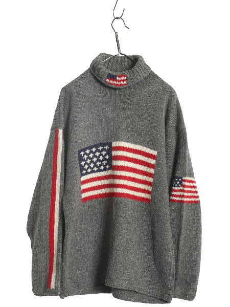 エクアドル製 タートルネック 星条旗 デザイン ニット セーター メンズ レディース XL 程 古着 ウール 手編み ハンドメイド 大きいサイズ