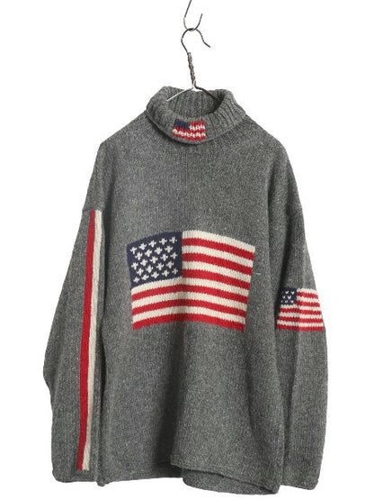 エクアドル製 タートルネック 星条旗 デザイン ニット セーター メンズ レディース XL 程 古着 ウール 手編み ハンドメイド 大きいサイズ